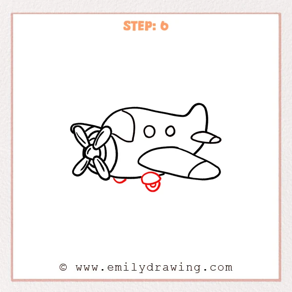 how to draw a cartoon airplane - Cartoon airplane sketch with landing gear details, including a small front support and a larger wheel under the wing.